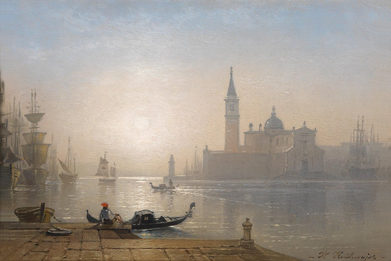 Landscape Oil Painting - Venice Waterfront, Gondola & Misty Morning Light - Oil Painting Haven