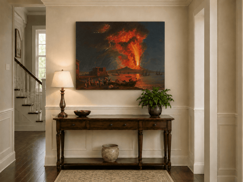 Peinture à l'huile de paysage - Éruption du Vésuve la nuit et lave en fusion