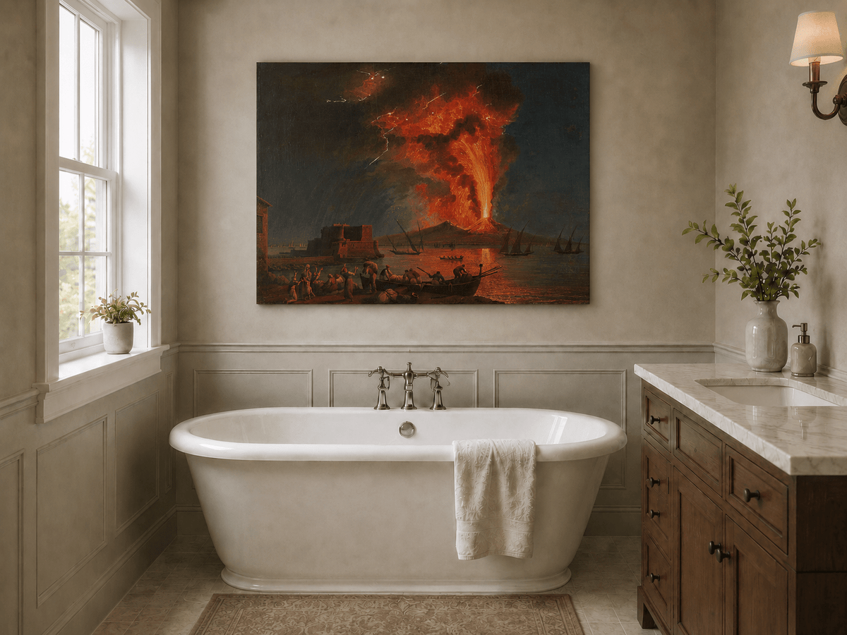 Peinture à l'huile de paysage - Éruption du Vésuve la nuit et lave en fusion