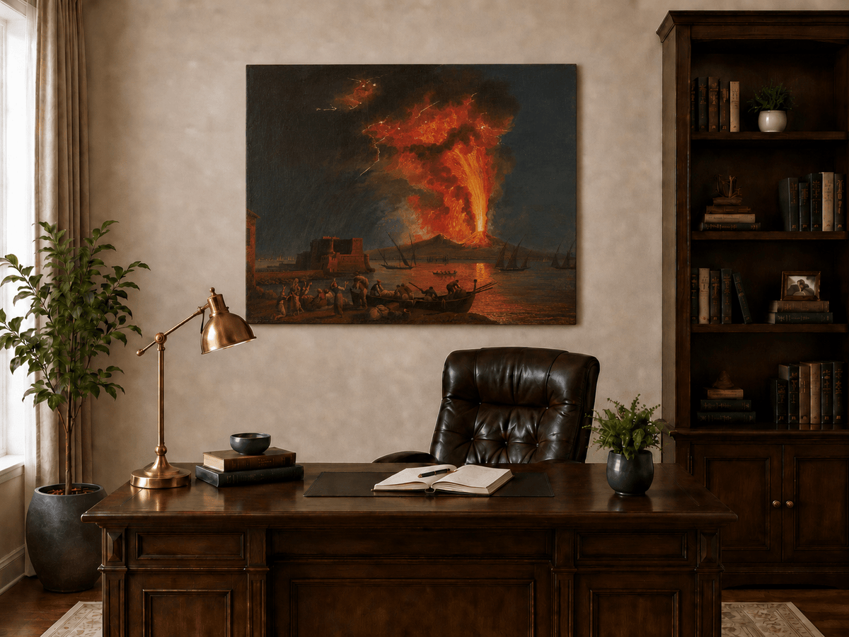 Peinture à l'huile de paysage - Éruption du Vésuve la nuit et lave en fusion