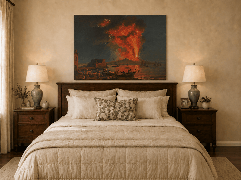 Peinture à l'huile de paysage - Éruption du Vésuve la nuit et lave en fusion