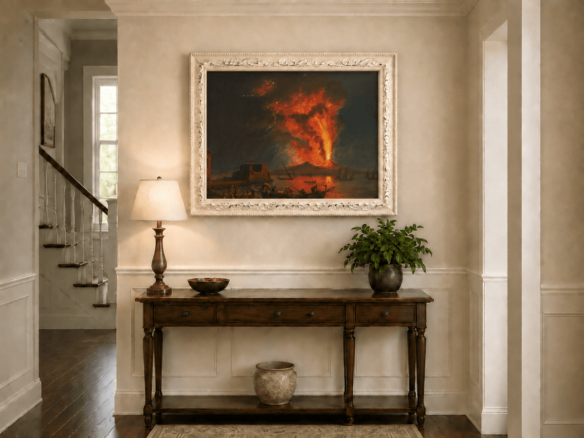 Peinture à l'huile de paysage - Éruption du Vésuve la nuit et lave en fusion