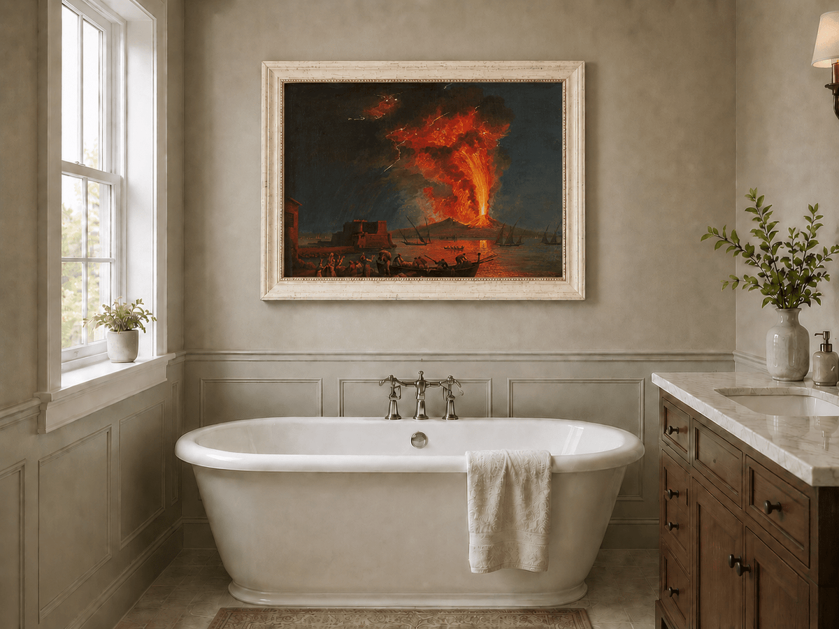 Peinture à l'huile de paysage - Éruption du Vésuve la nuit et lave en fusion
