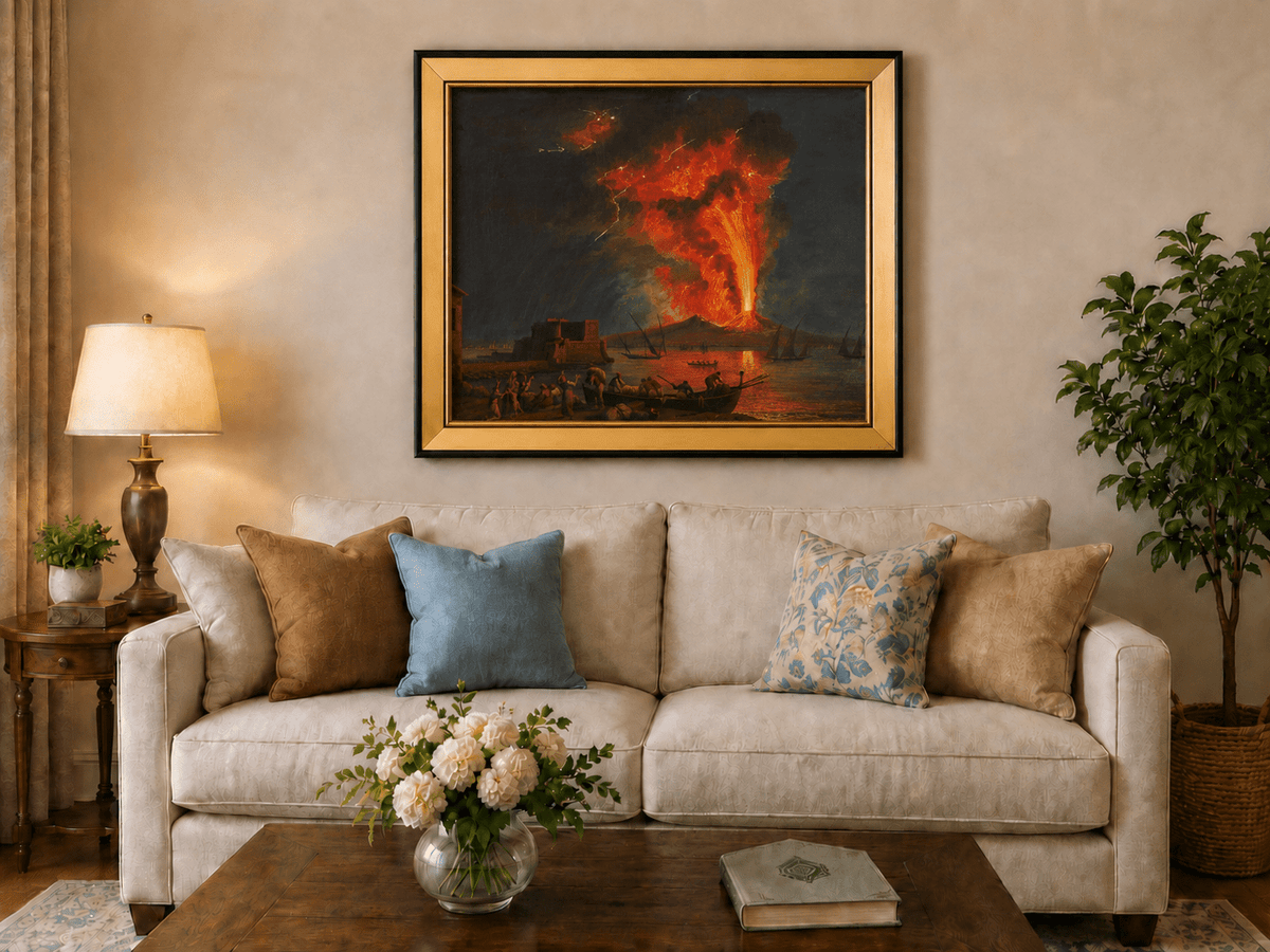 Peinture à l'huile de paysage - Éruption du Vésuve la nuit et lave en fusion