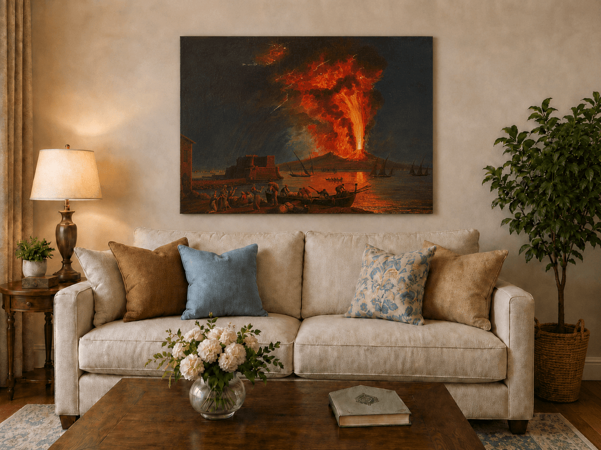 Peinture à l'huile de paysage - Éruption du Vésuve la nuit et lave en fusion