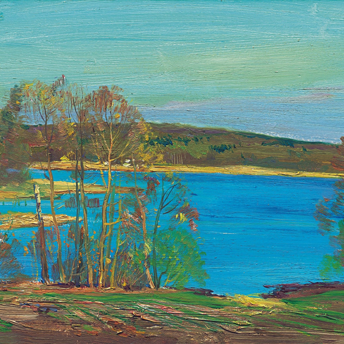 Landscape Oil Painting - Vibrant Lake & Shore Scene: Trees, Bold Hues - Oil Painting Haven