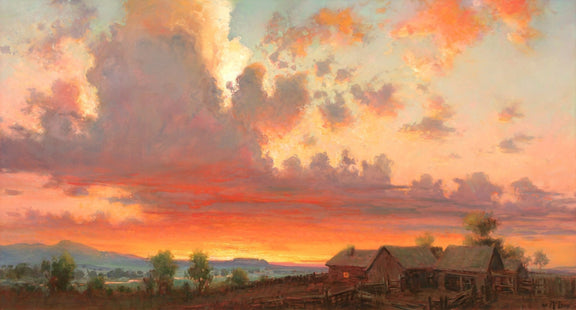 Landscape Oil Painting - Vibrant sunset rural farm & fiery clouds - Oil Painting Haven