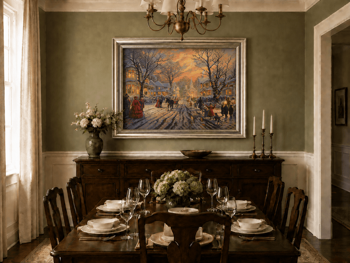 Peinture à l'huile de paysage - Soirée de Noël victorienne dans une ville enneigée
