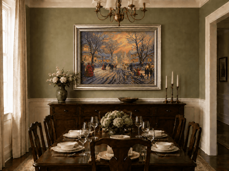 Peinture à l'huile de paysage - Soirée de Noël victorienne dans une ville enneigée