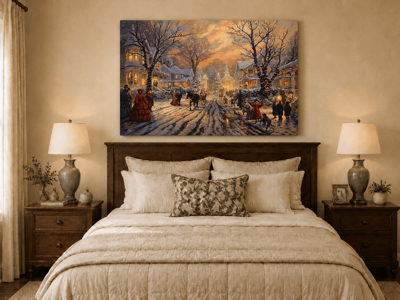 Peinture à l'huile de paysage - Soirée de Noël victorienne dans une ville enneigée
