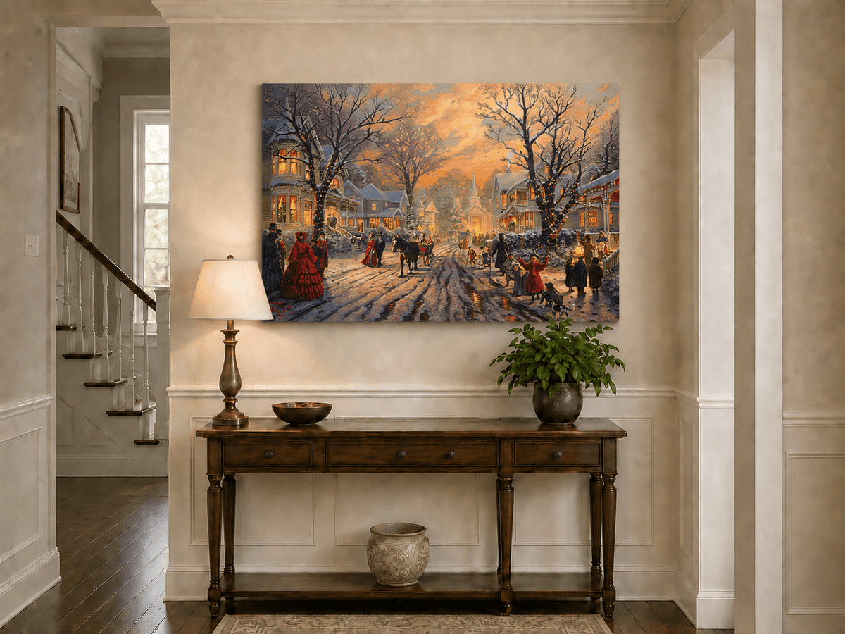 Peinture à l'huile de paysage - Soirée de Noël victorienne dans une ville enneigée