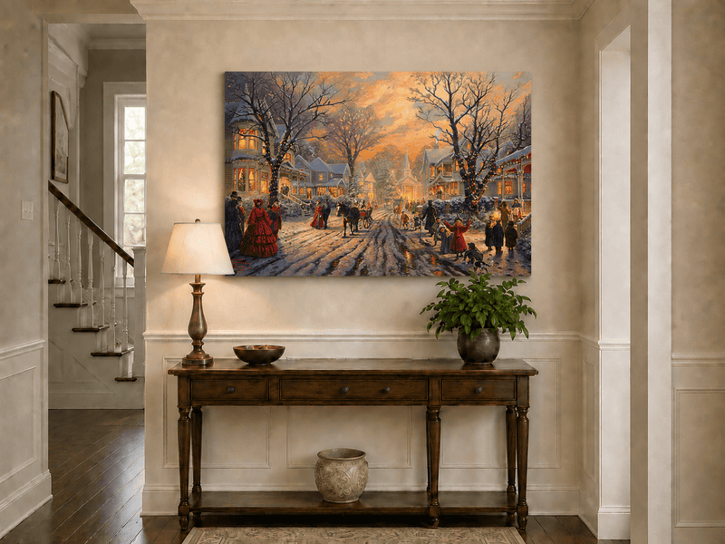 Peinture à l'huile de paysage - Soirée de Noël victorienne dans une ville enneigée