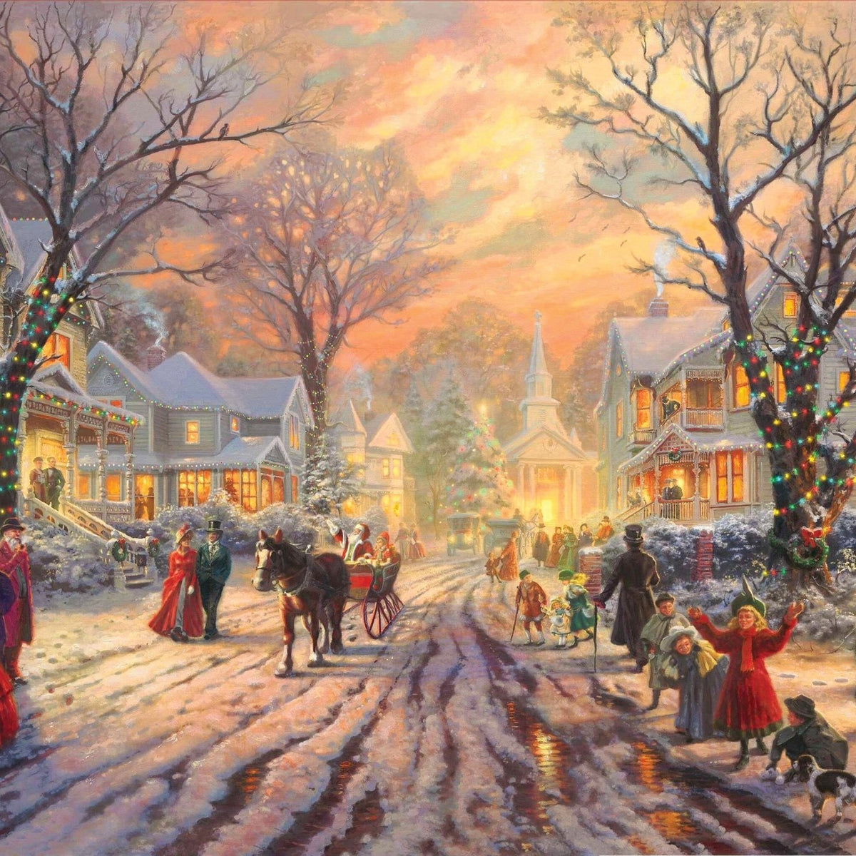 Landscape Oil Painting - Victorian Christmas Snowy Town Evening - Oil Painting Haven