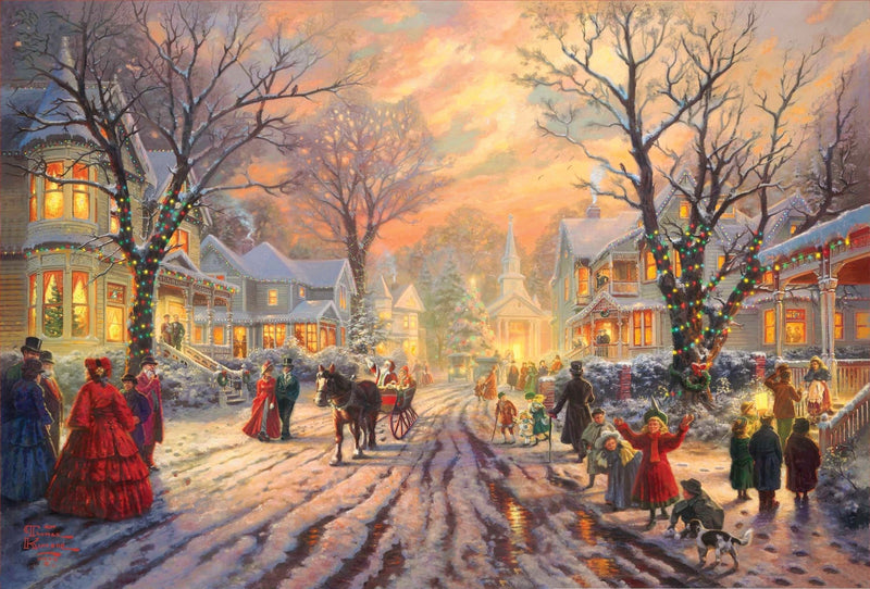 Landscape Oil Painting - Victorian Christmas Snowy Town Evening - Oil Painting Haven