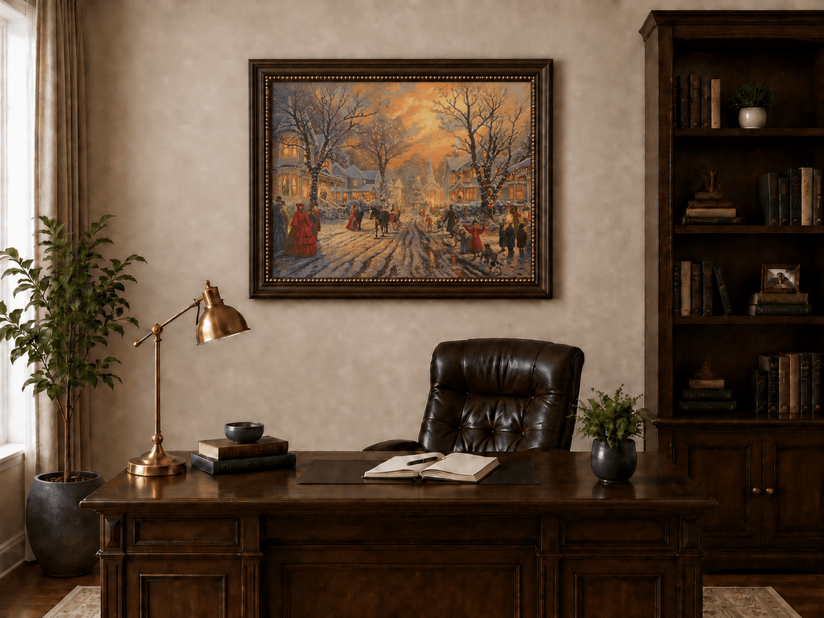 Peinture à l'huile de paysage - Soirée de Noël victorienne dans une ville enneigée