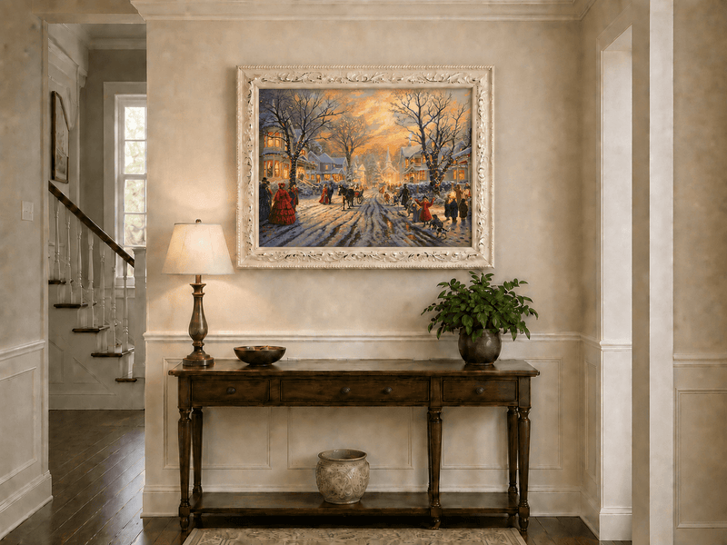 Peinture à l'huile de paysage - Soirée de Noël victorienne dans une ville enneigée
