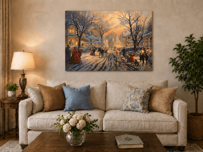 Peinture à l'huile de paysage - Soirée de Noël victorienne dans une ville enneigée
