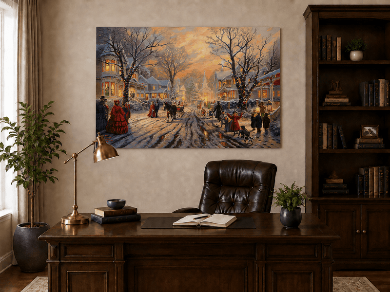Peinture à l'huile de paysage - Soirée de Noël victorienne dans une ville enneigée