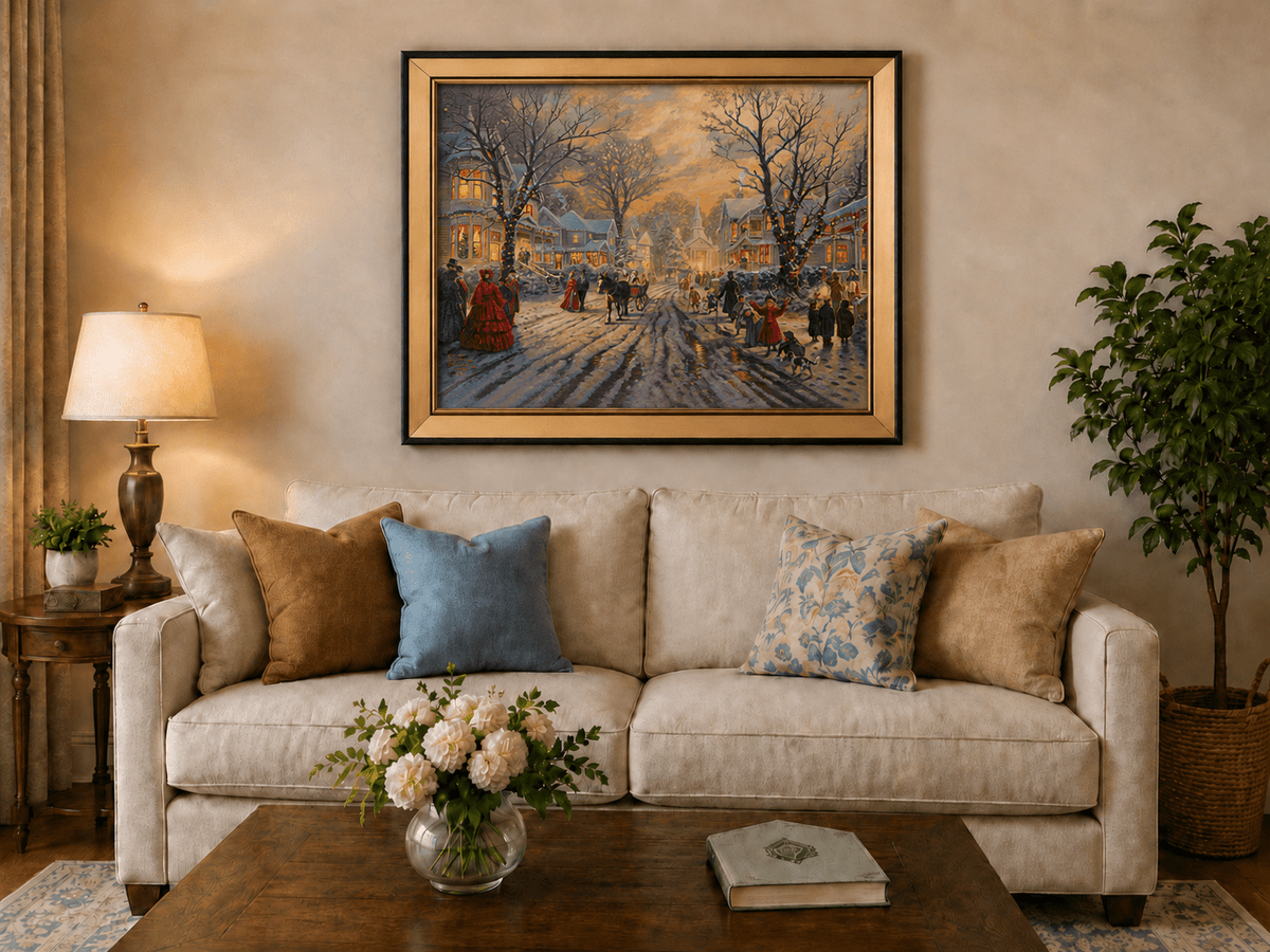 Peinture à l'huile de paysage - Soirée de Noël victorienne dans une ville enneigée
