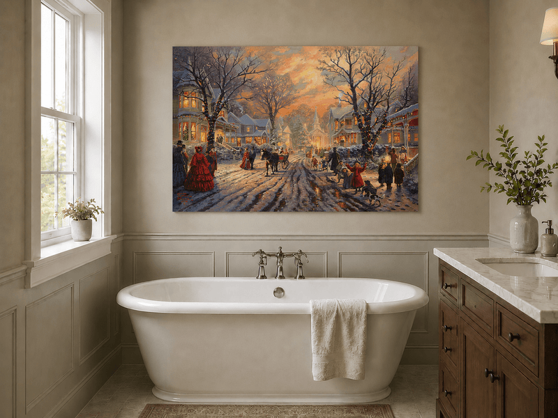 Peinture à l'huile de paysage - Soirée de Noël victorienne dans une ville enneigée