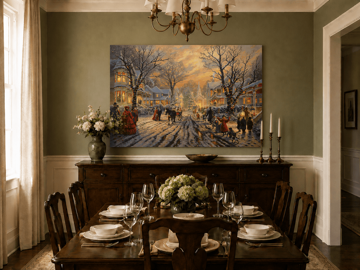 Peinture à l'huile de paysage - Soirée de Noël victorienne dans une ville enneigée