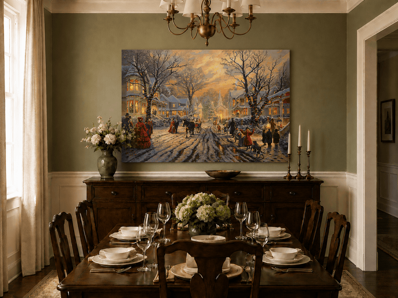 Peinture à l'huile de paysage - Soirée de Noël victorienne dans une ville enneigée