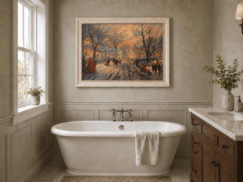 Peinture à l'huile de paysage - Soirée de Noël victorienne dans une ville enneigée