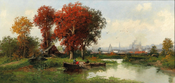 Hand-painted vienna wetland with red autumn trees landscape oil painting on canvas