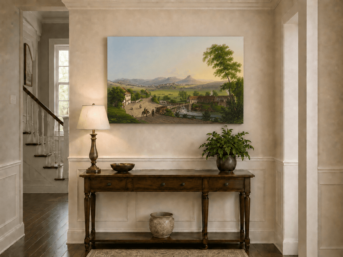 Landscape Oil Painting - Village Bridge and Mountain View