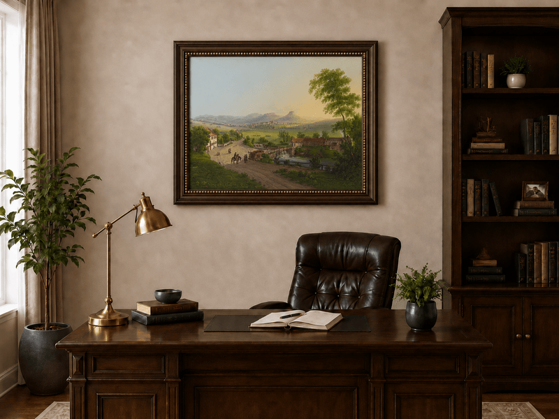 Landscape Oil Painting - Village Bridge and Mountain View