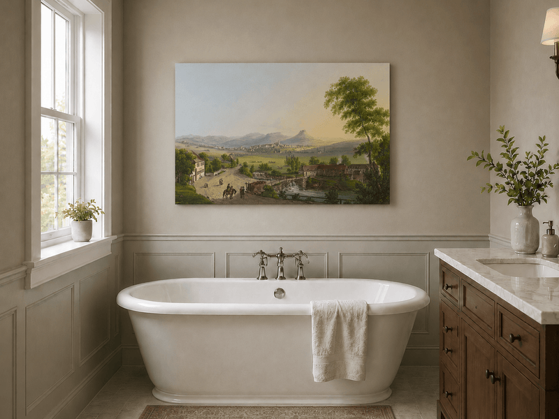 Landscape Oil Painting - Village Bridge and Mountain View