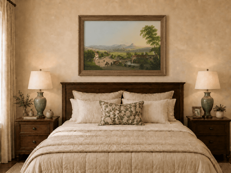 Landscape Oil Painting - Village Bridge and Mountain View