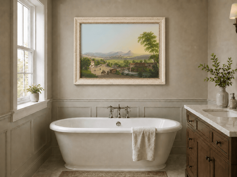 Landscape Oil Painting - Village Bridge and Mountain View