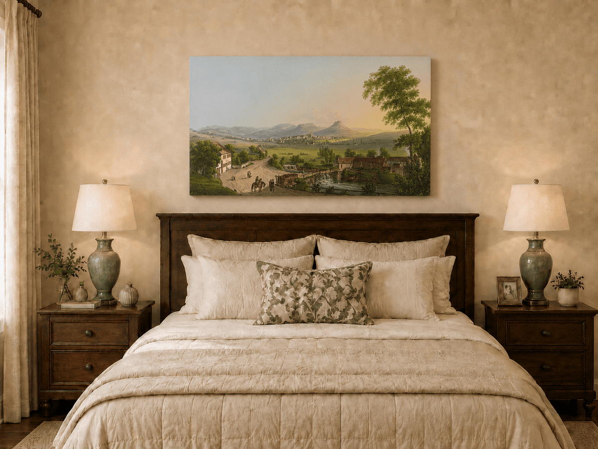 Landscape Oil Painting - Village Bridge and Mountain View