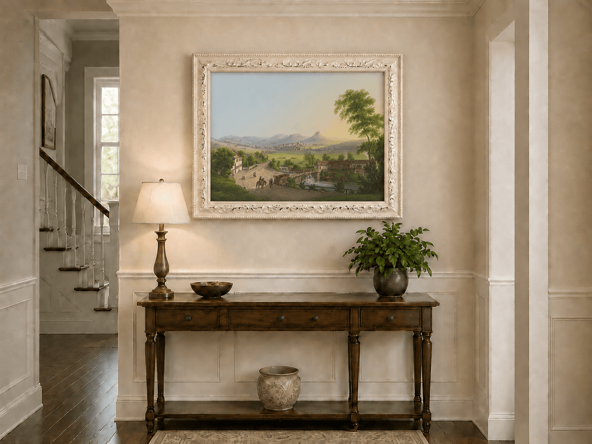 Landscape Oil Painting - Village Bridge and Mountain View