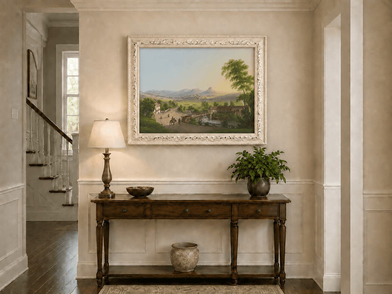 Landscape Oil Painting - Village Bridge and Mountain View