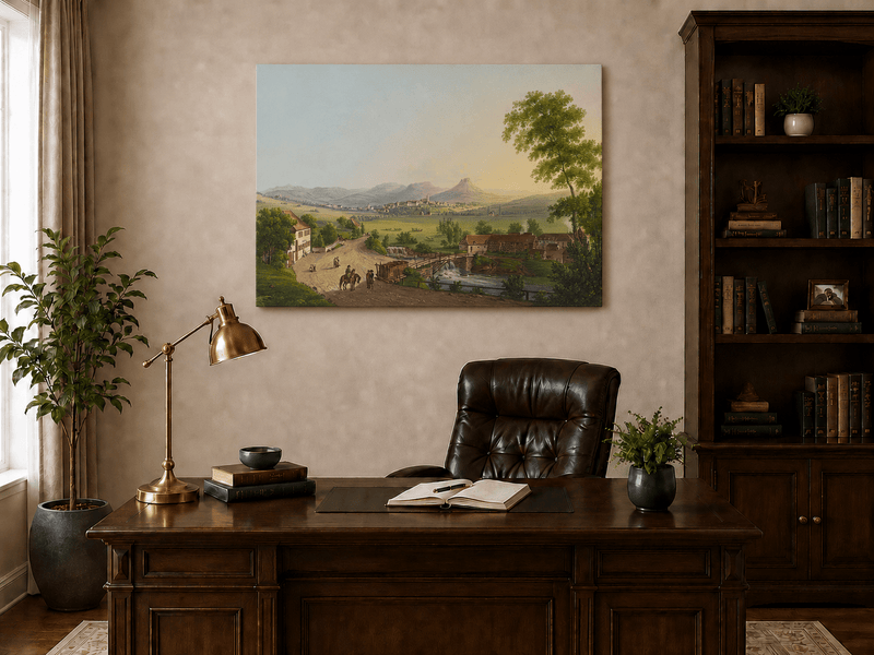 Landscape Oil Painting - Village Bridge and Mountain View