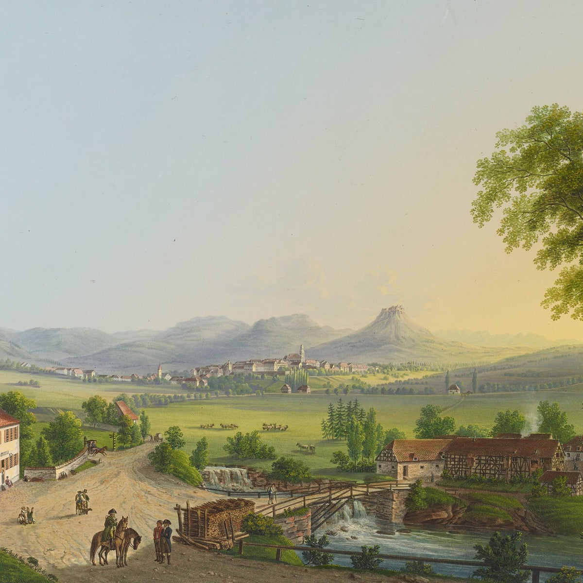 Hand-painted village bridge and mountain view landscape oil painting on canvas