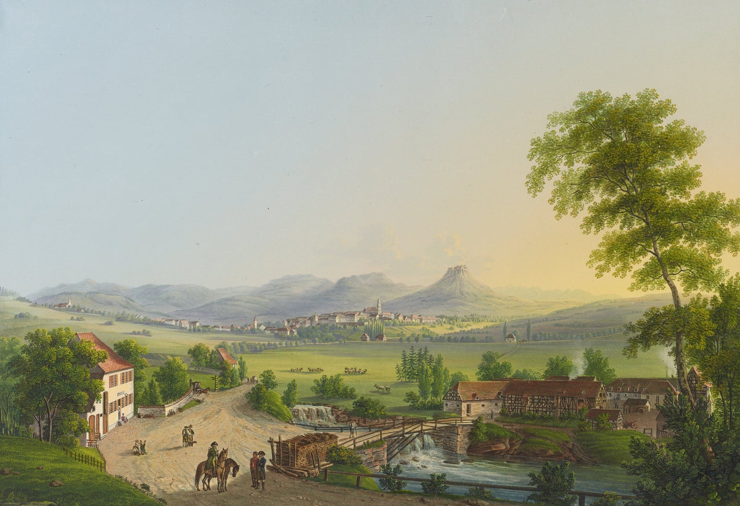 Hand-painted village bridge and mountain view landscape oil painting on canvas