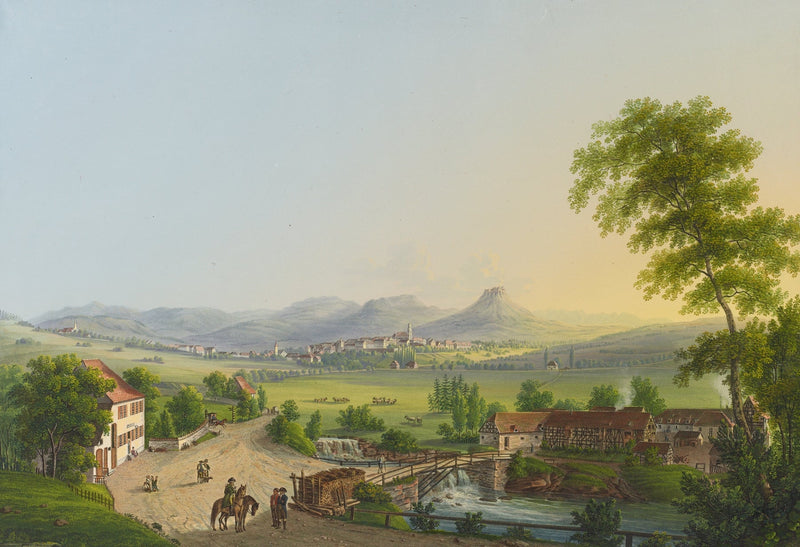 Hand-painted village bridge and mountain view landscape oil painting on canvas