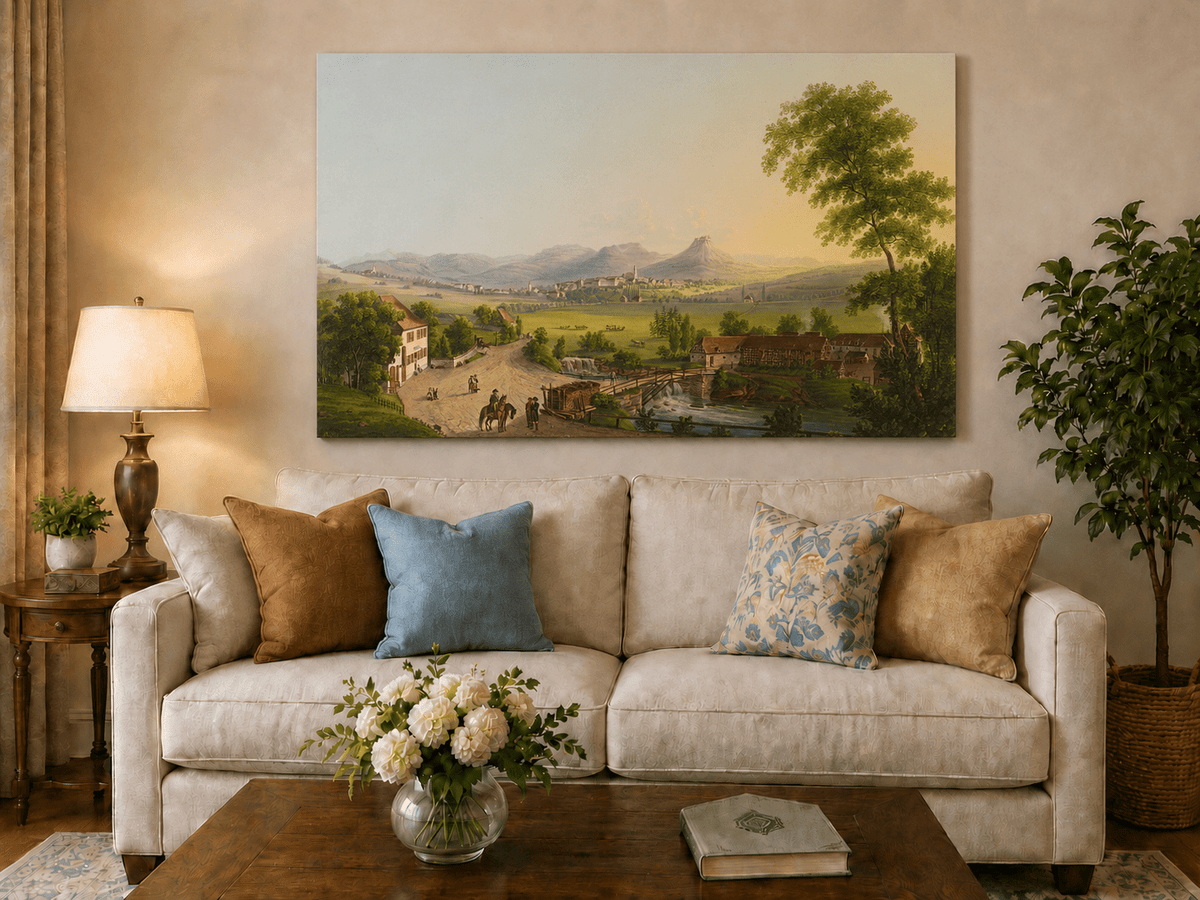 Landscape Oil Painting - Village Bridge and Mountain View