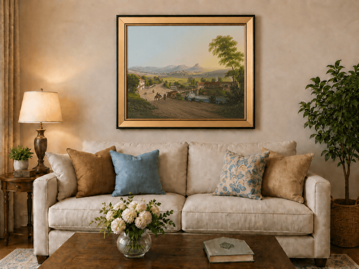 Landscape Oil Painting - Village Bridge and Mountain View