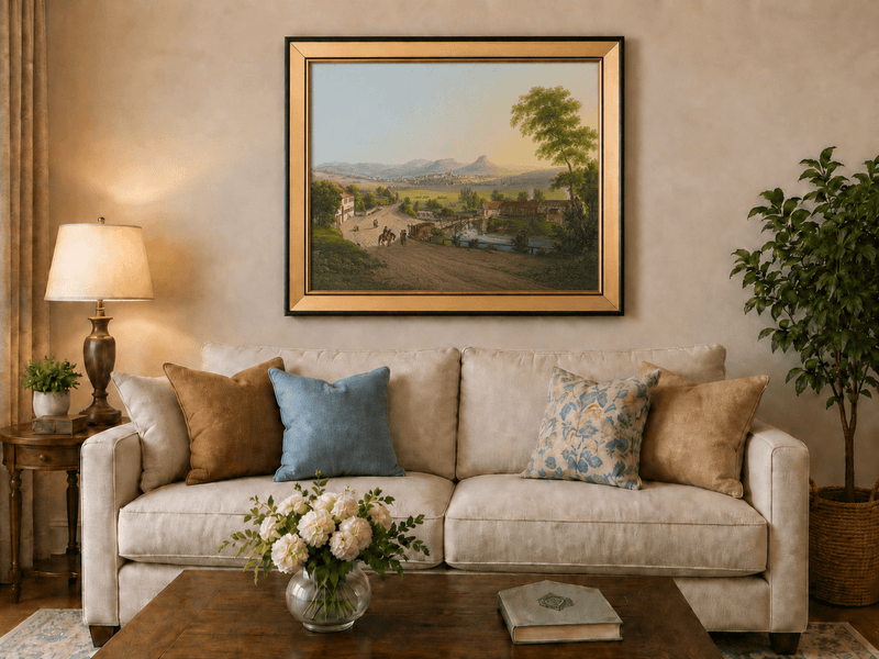Landscape Oil Painting - Village Bridge and Mountain View
