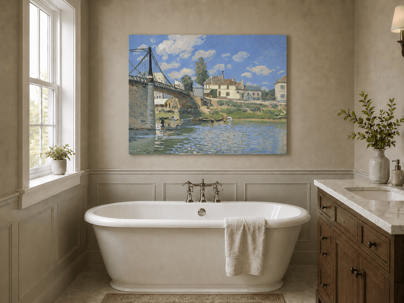 Village bridge over the river in summer light landscape oil painting presented as styled home decor.