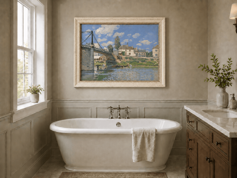 Summer village river landscape oil painting presented as interior home decor.
