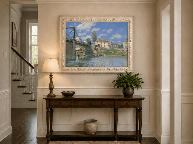 Village bridge and river in summer light hand-painted oil artwork shown as home wall decor.