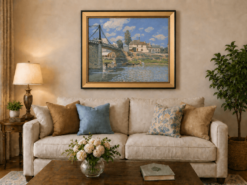 Village bridge over the river in summer light landscape oil painting displayed in a styled home interior.