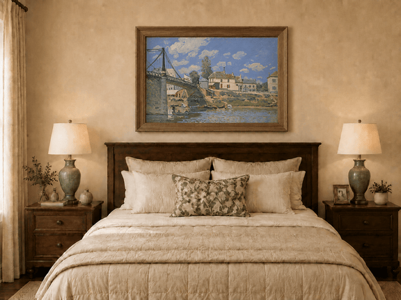 Hand-painted village bridge in summer light displayed as decorative wall art.