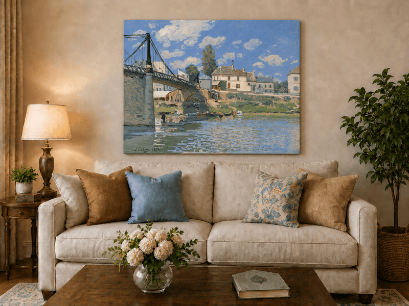 Village river bridge hand-painted oil artwork displayed in a second interior view.
