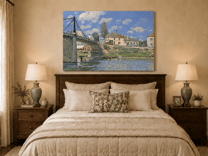 Village river bridge oil painting displayed as landscape wall decor.